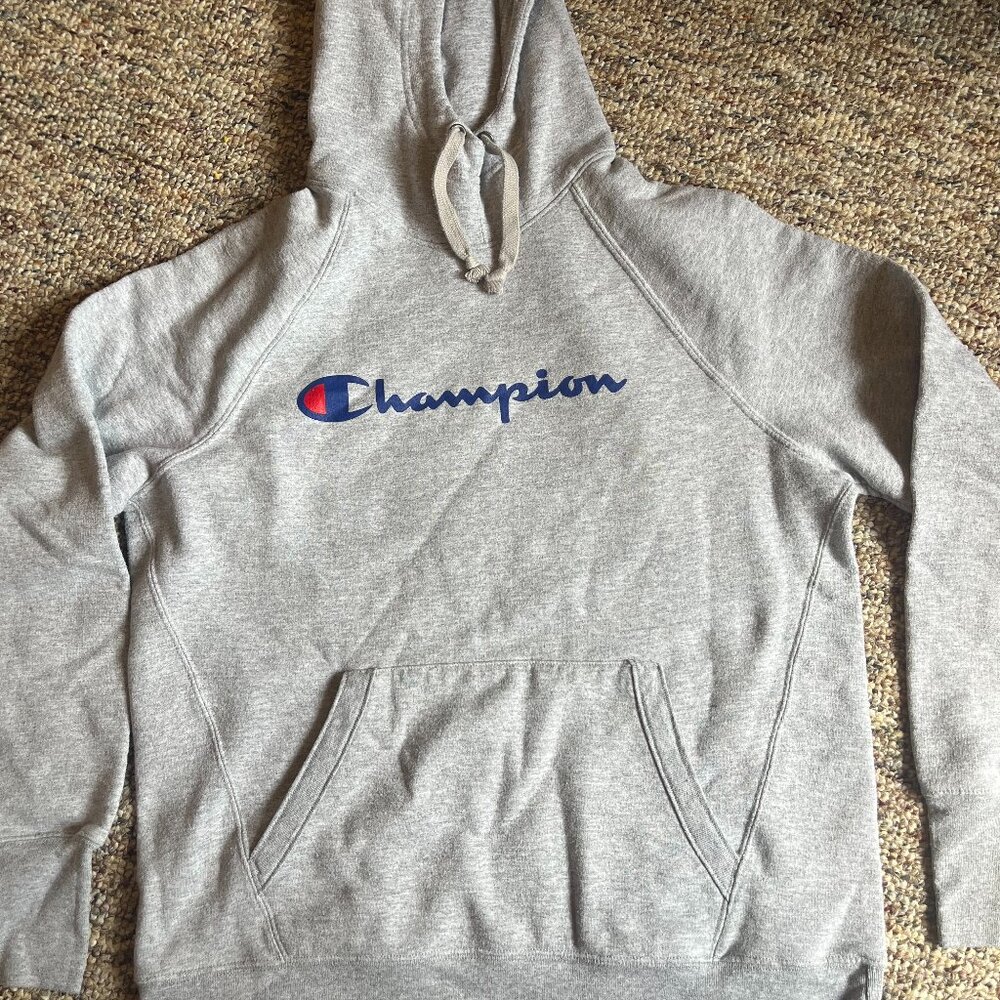 champion hoodie men size medium gray hooded sweatshirt front logo